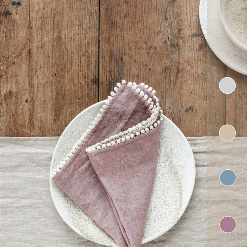 Linen napkins with pom pom trim. Set of 2 linen napkins. Various colors. Handmade, stone washed linen napkins. Table linens MagicLinen